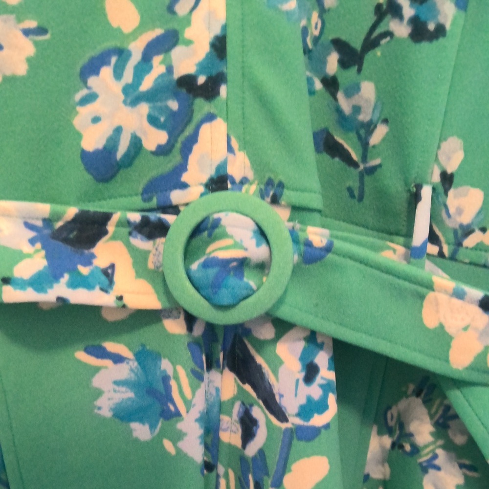 NWT Danny & Nicole Green & Blue Floral Collared V-Neck Belted Dress 18 - Picture 6 of 14